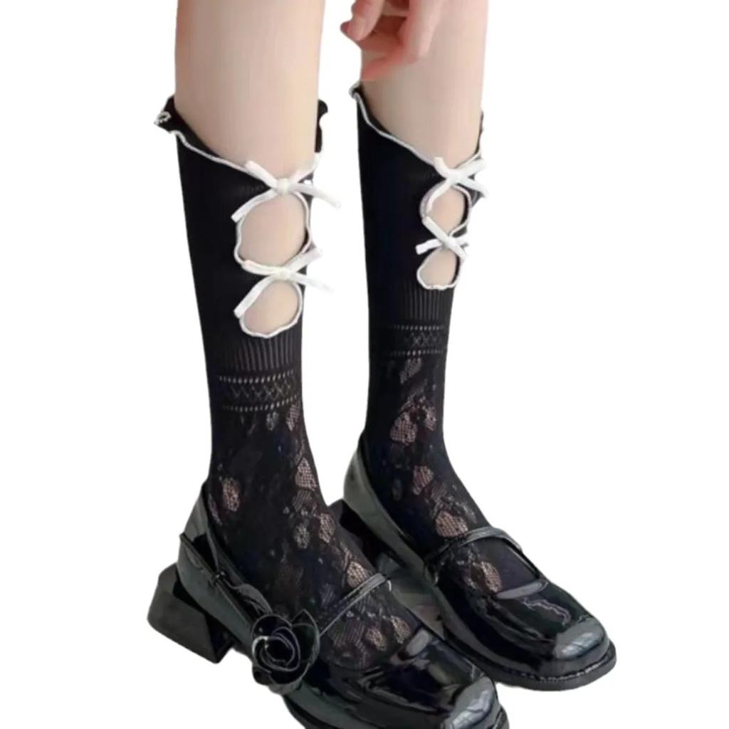1Pairs Hollow Lace Women Long Stockings Fashionable Versatile Knotted White Lolita Style Comfortable Breathable Casual Socks