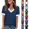 Women's Fashion Casual Short-Sleeve V-Neck Patchwork Pullover Top