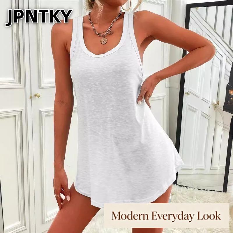 JPNTKY Women's Fashion Summer Spring Solid Color Print U-Neck Sleeveless Casual Dresses