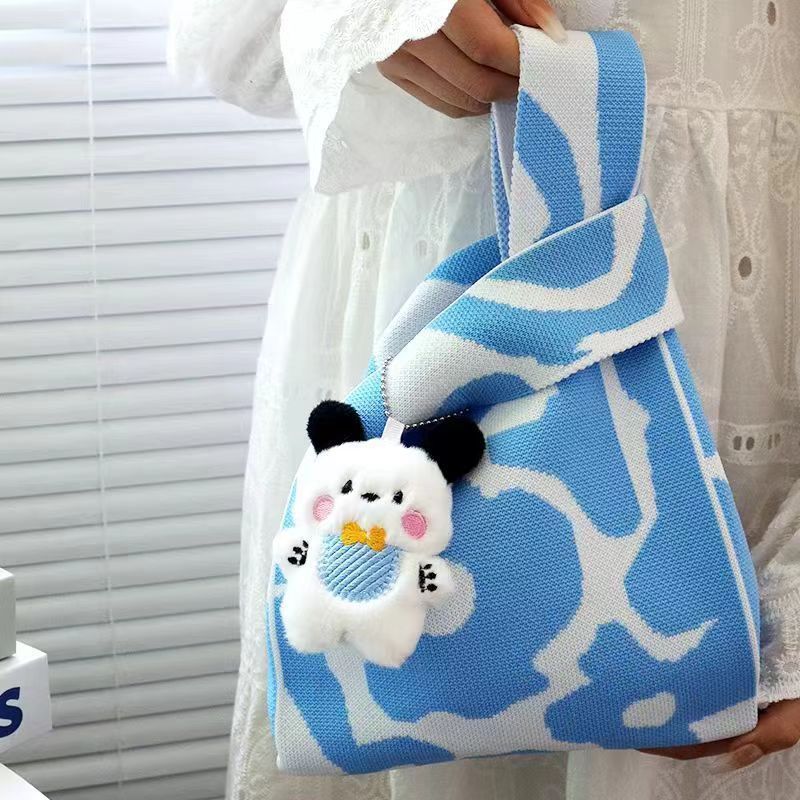 

Cultural Creative Knitted Bag Handbags 2024 New Arrival Peripheral Small Carrying Bag Wrist Woven Fabric Flower Chengdu Wrist bag blue + pendant Pacha dog
