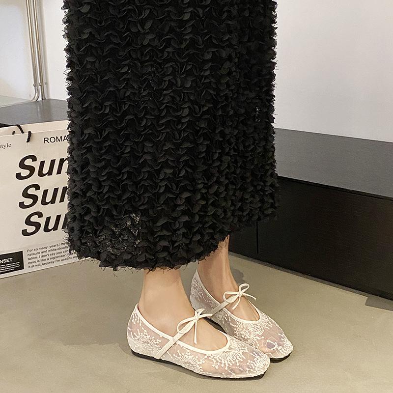 Fashion Spring New Flat Shoes for Women Square Head Shallow Mouth Mesh Fabric Embroidery Butterfly Knot Soft Sole Single Shoes