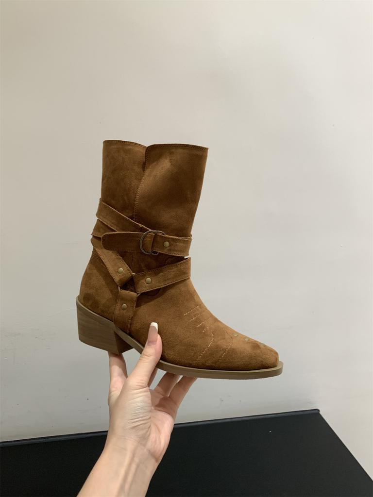 Brown Suede High Heel Medium Martin Boots Women's Boots 2025 Fall/Winter Western Cowboy Boots Pointed Skinny Short Boots