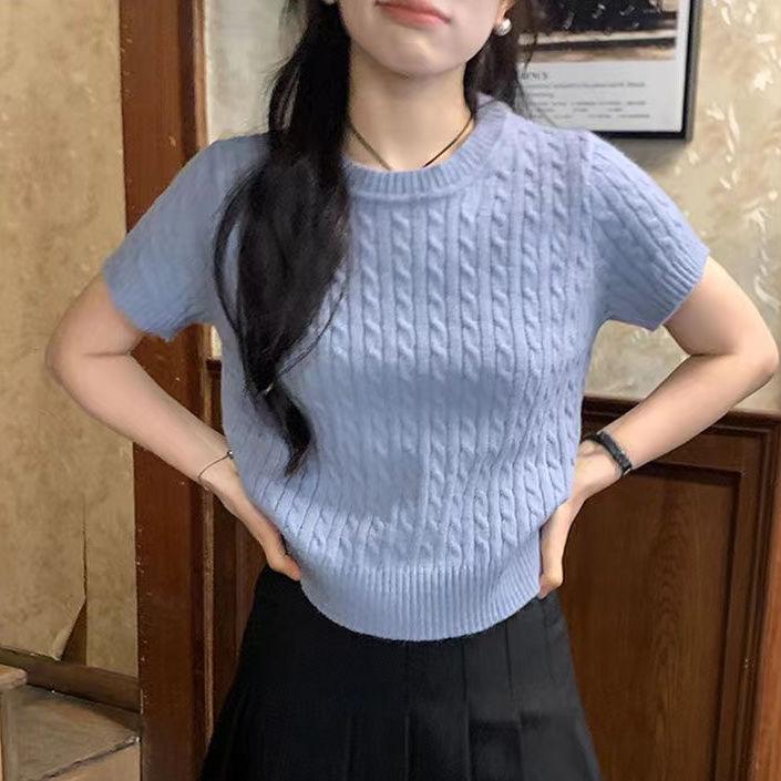Women's Summer 2025 Korean Retro Cable Knit Short Sleeve Top