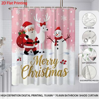 4pcs Cartoon Santa Claus Reindeer Print Bathroom Set 180x180 Waterproof Shower Curtain, Floor Mat, Toilet Seat Mat, U-shaped Mat