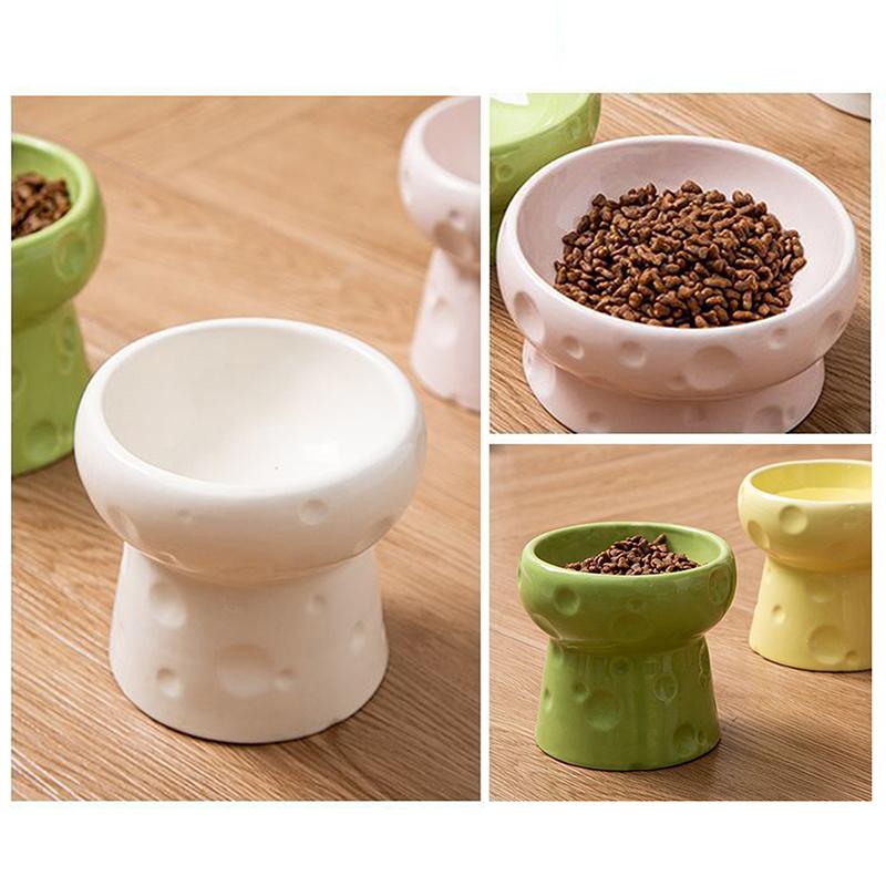 Ceramics Cat Bowl With Cheese Design Cat Food Bowl Water Plate Snack Dish Large Caliber Anti-Tip With Stand For Neck Protection