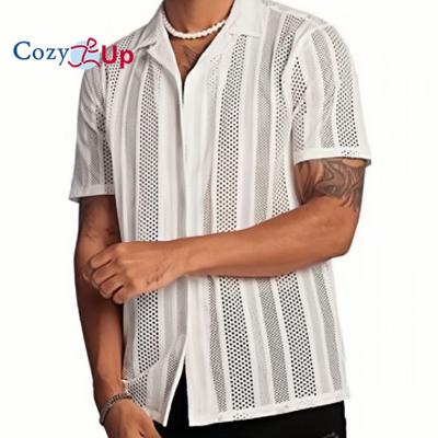 Cozy Up Pánské Knoflíček Přední Pruhovaná síťovaná halenka Košile Ležérní Krátký rukáv Klopa Krk Top