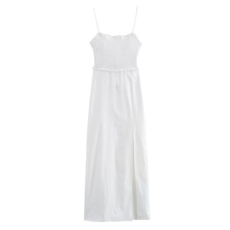 2024 Summer New Honeycomb Plaid Stretch Chest Linen Blended Split White Suspender Dress 3194729