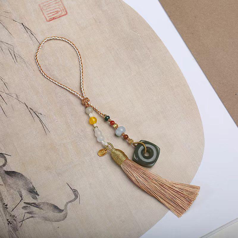 Hand-Woven Chinese Lanyard with Hetian Jade, Agate Beads & Tassel Charm