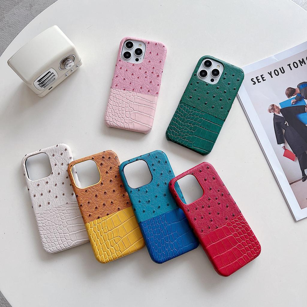 Elegant Ostrich Crocodile Splicing Apple 17 Mobile Phone Case Fashion 16pro Half Pack 15promax Mobile Phone Case
