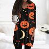 Womens Tops V-neck 3/4 Sleeve Blouses Casual Mid-length Shirts Fashion Halloween Print Tunic Tops With Pockets