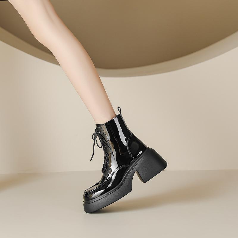 Sweet and cool girls Martin boots women's 2025 autumn and winter British lace-up short boots 7cm heightened thick-soled high-heeled patent leather bo