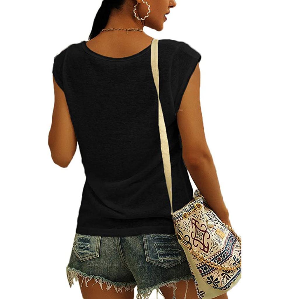 Women's V-Neck T-Shirt Casual Cap Sleeve Vest Solid Loose Blouse Fit Tank Tops