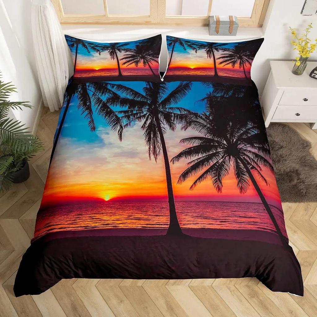 Ocean Theme Beach Duvet Cover Queen King Sunset Tropical Palm Tree Waves Comforter Cover Hawaii Natural Landscape Bedding Set