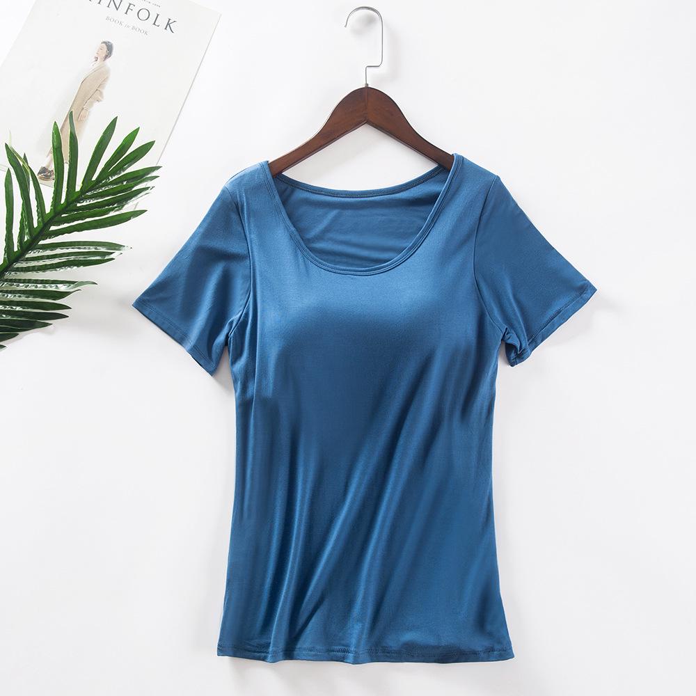 Women's Modal Short-Sleeve T-Shirt with Built-In Bra Cups, Solid Color, Ideal for Yoga, Home, or as a Base Layer Sports Top. No Separate Bra Needed.