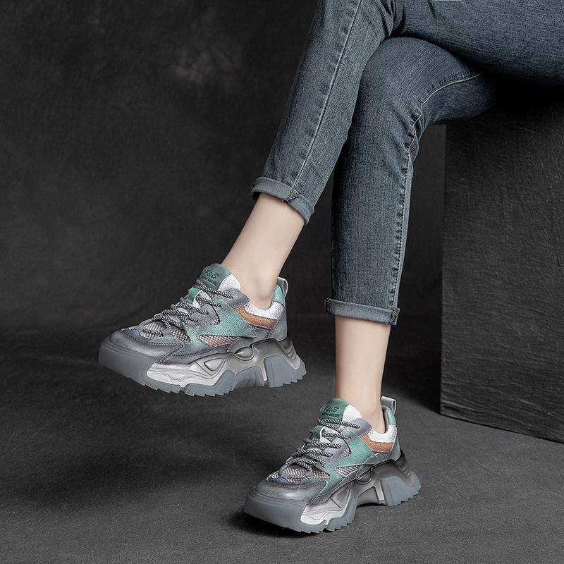 Fashion 5CM Air Mesh Genuine Leather Chunky Sneaker Flats Booties Autumn Sneaker Women Comfy Spring Summer Mixed Color Ankle Boots Shoes