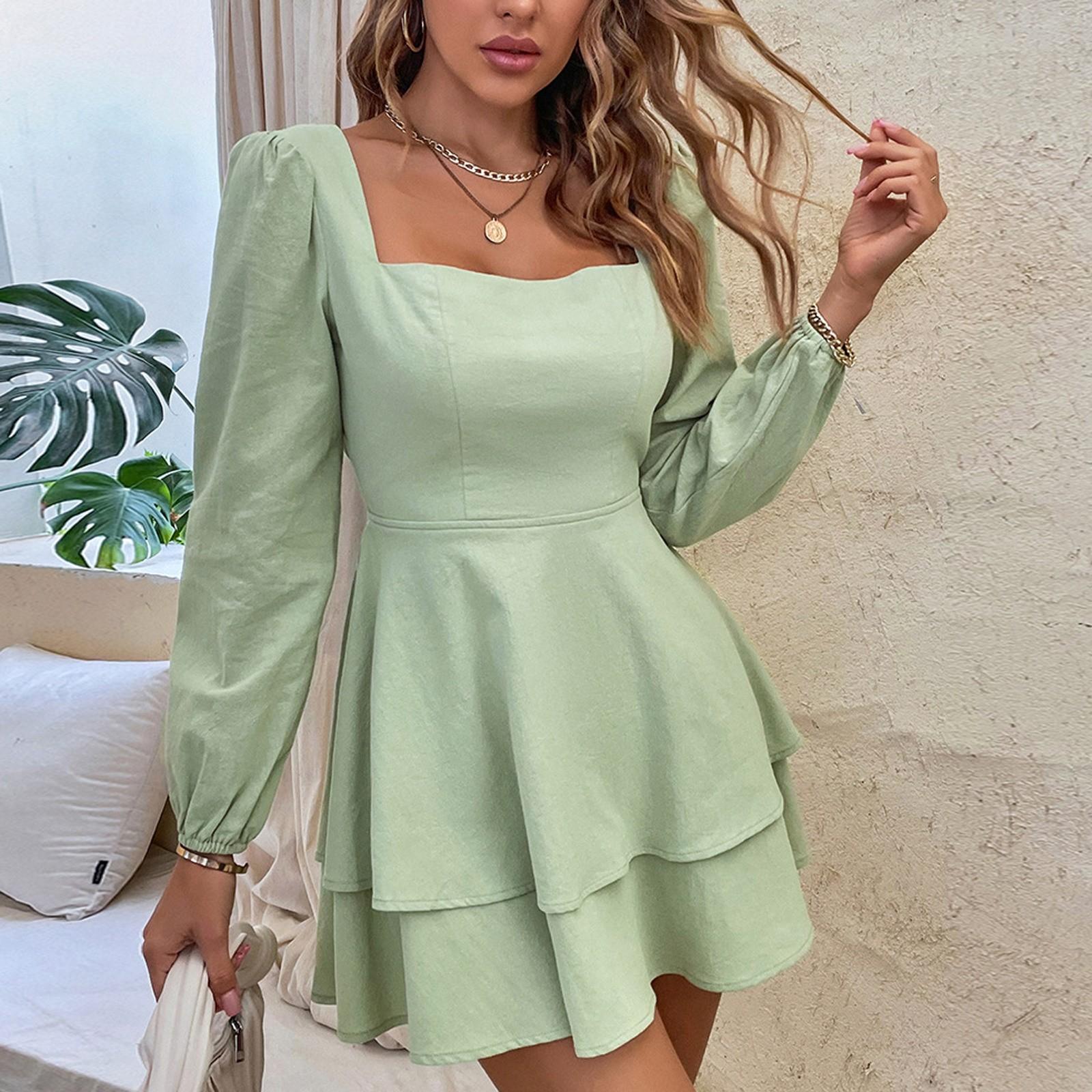 

Модное женское платье Сексуальное с V-образным вырезом Вечернее Неправильный крой Длинный рукав Платье M зелёный