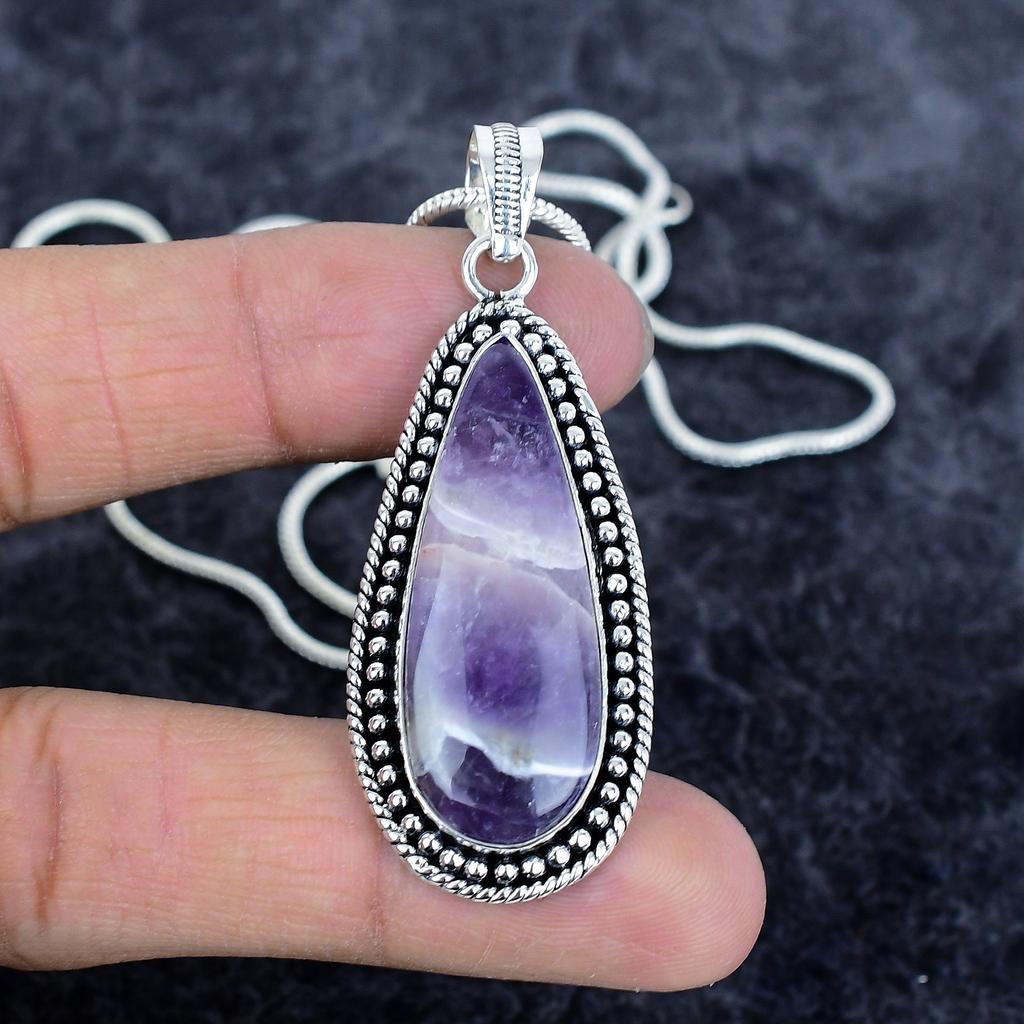 Chevron Amethyst Gemstone 925 Sterling Silver Jewelry Pendant 2.40" M-2942