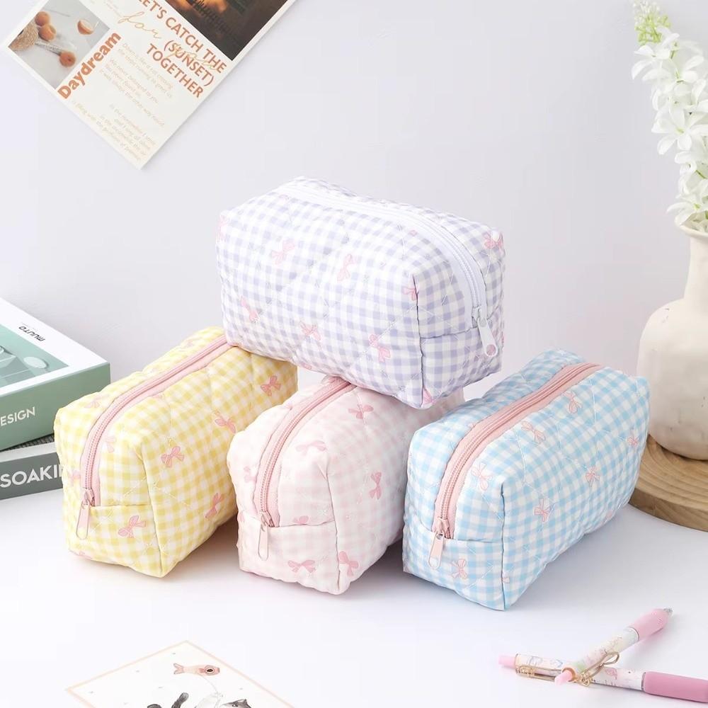 Large Capacity Plaid Bow Pattern Stationery Bag Lightweight Coin Purse Makeup Storage Bag Office
