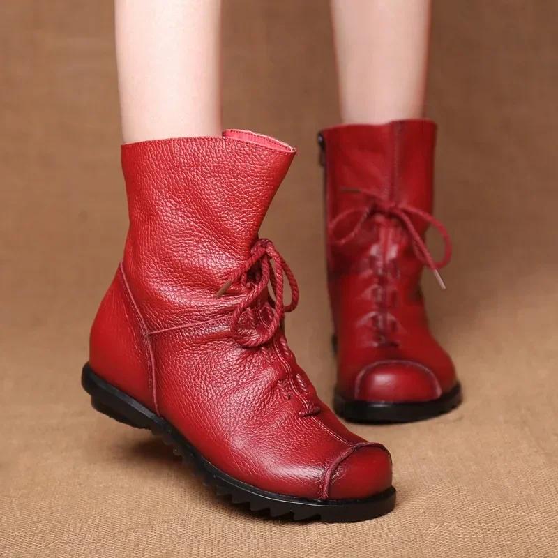 Lace-up Flat Vintage Shoes for Women Leather Warm Short Boots Winter Round Toe Roman Ankle Boots Women Non Slip Botas De Mujer