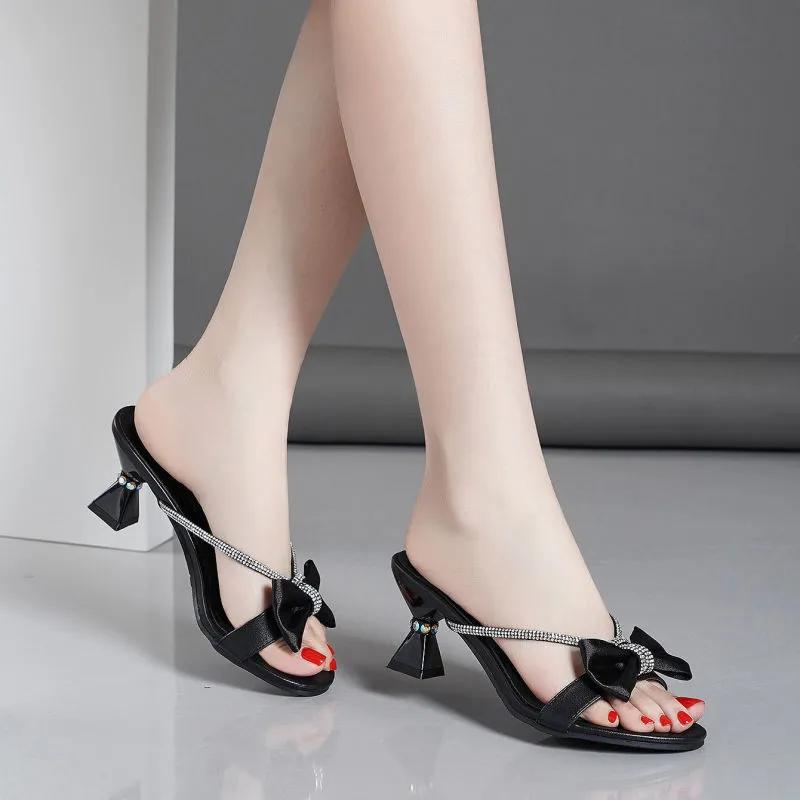 Women Light Weight Black Bow Tie High Quality Spring & Summer High Heel Sandal Shoes Lady Cool Beige Heel Pumps Ab616