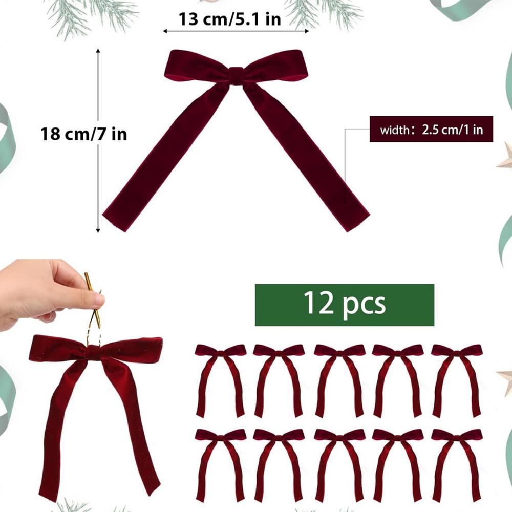 

12pcs Slender Velvet Christmas Bows Vintage Diy Christmas Tree Ornaments Ribbon Bow With Cable Tie Gift Wrapping Bows Wedding 7x5.1x1in вина червоного кольору