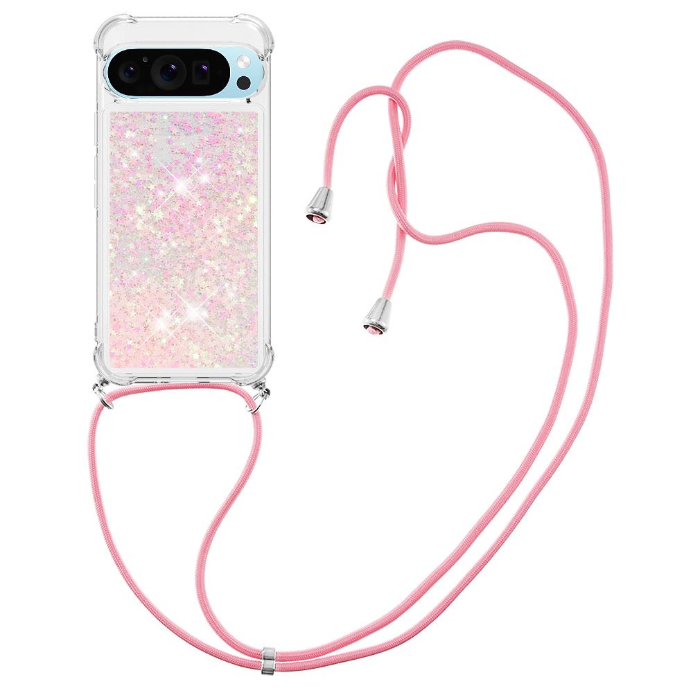 

For Google Pixel 9 Pro XL TPU Case Quicksand Design Phone Cover with Lanyard Pink/Pentagram