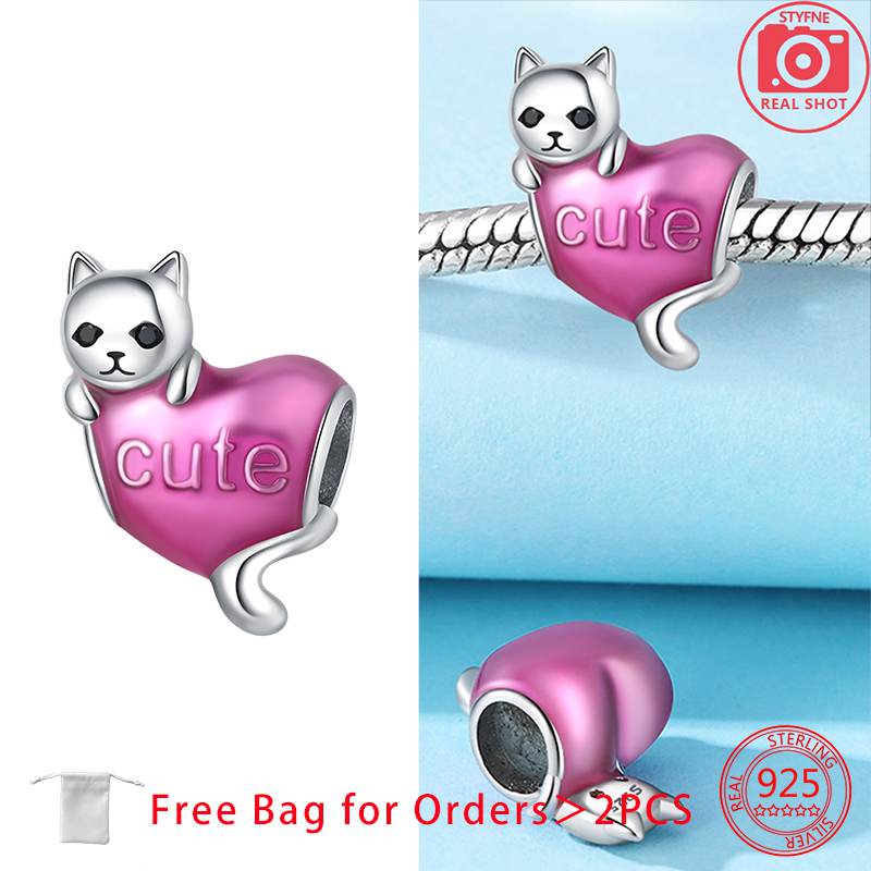 Anniversary Charms Copper Pink Cat Love Heart Beads Fit Original Bracelets Beads Charms Jewelry Making Fine Jewelry Gift