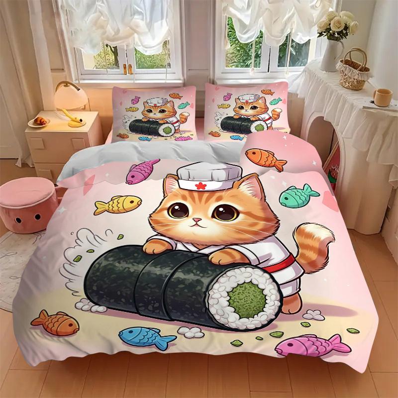 3pcs Kitten Making Sushi Print Bedding Set (1 Cover + 2 Pillowcases, Without Inserts), This Printed Bedding Set Is Soft and Comfortable, Suitable