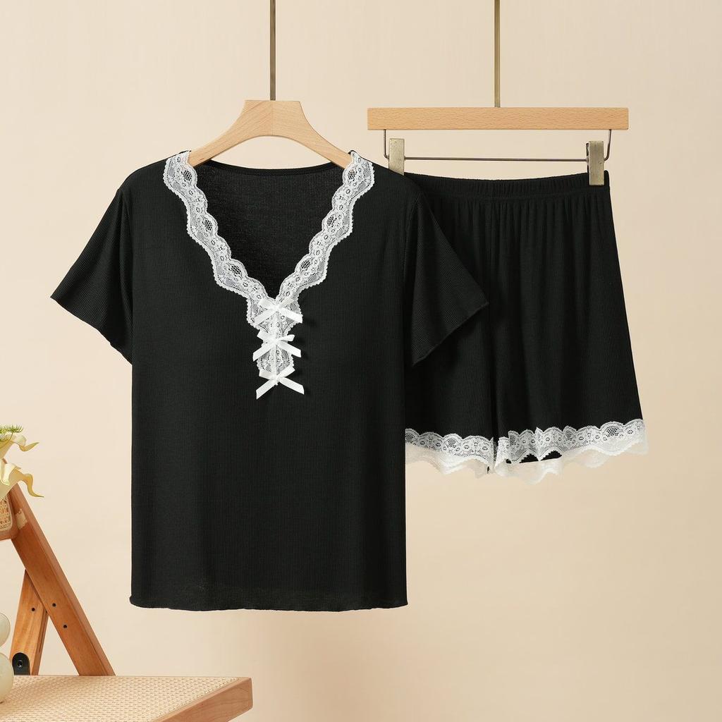 Women Suits Sets Lace-Trimmed Padded Nightgown Set with Short-Sleeve Top and Long Pants for Women Pants Two-piece Oversize 2PC Suit
