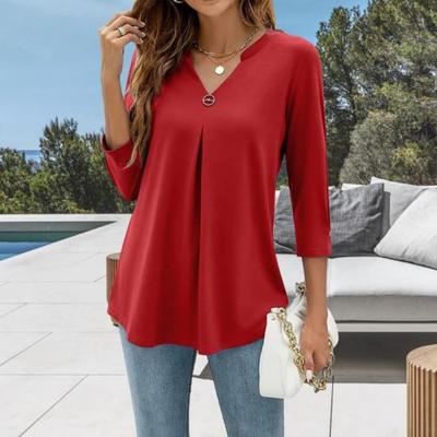 Loose Fit V Neck 3 4 Sleeve Tshirt Women Pleated Solid Color Top Breathable Daily Wear Mid Length Tops