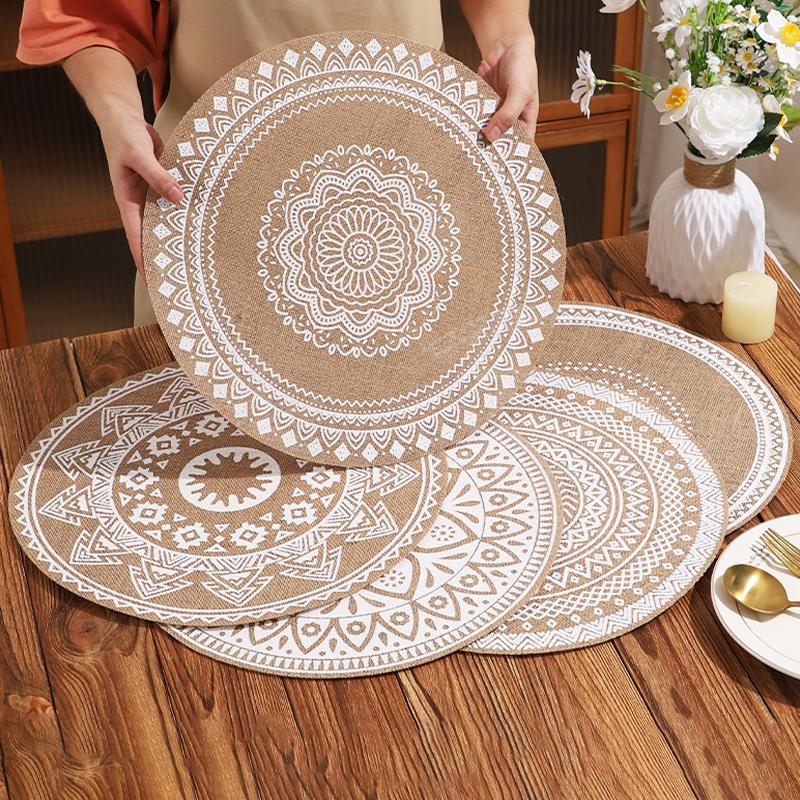 Boho Mandala Round Placemats Heat-Resistant Linen-Cotton Table Mats Washable Non-Slip Dining Decor