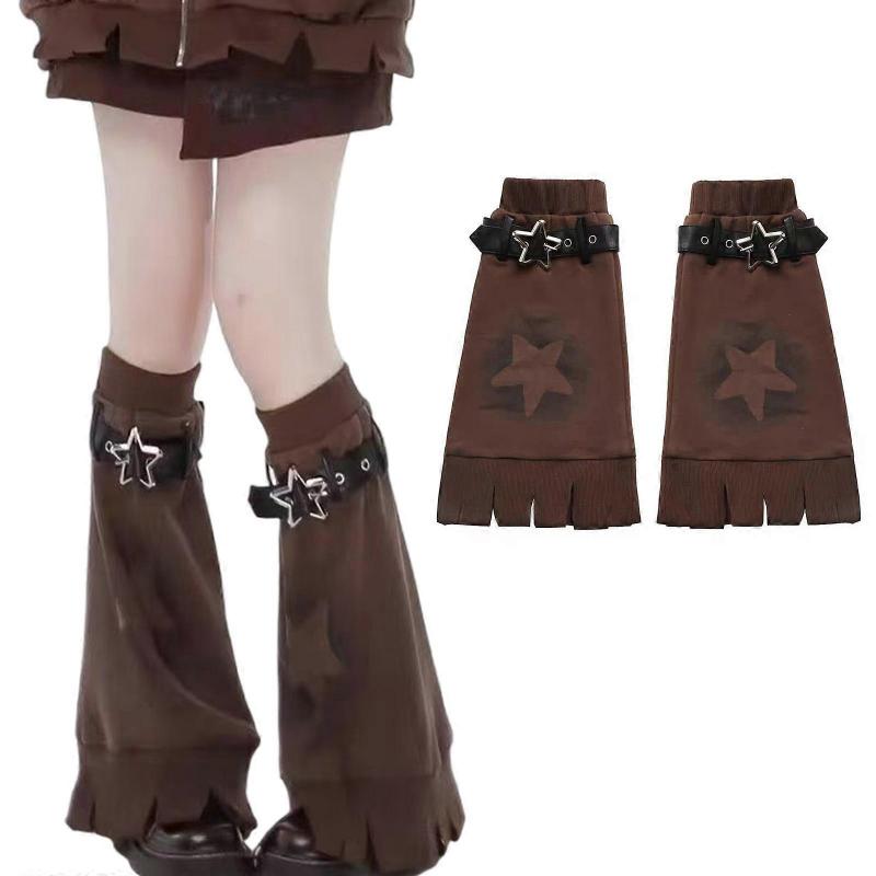 Brown Star Pattern Leg Warmers with Adjustable Leather Buckle Strap for Women Punk Flared Leg Covers Footless Socks  Brown