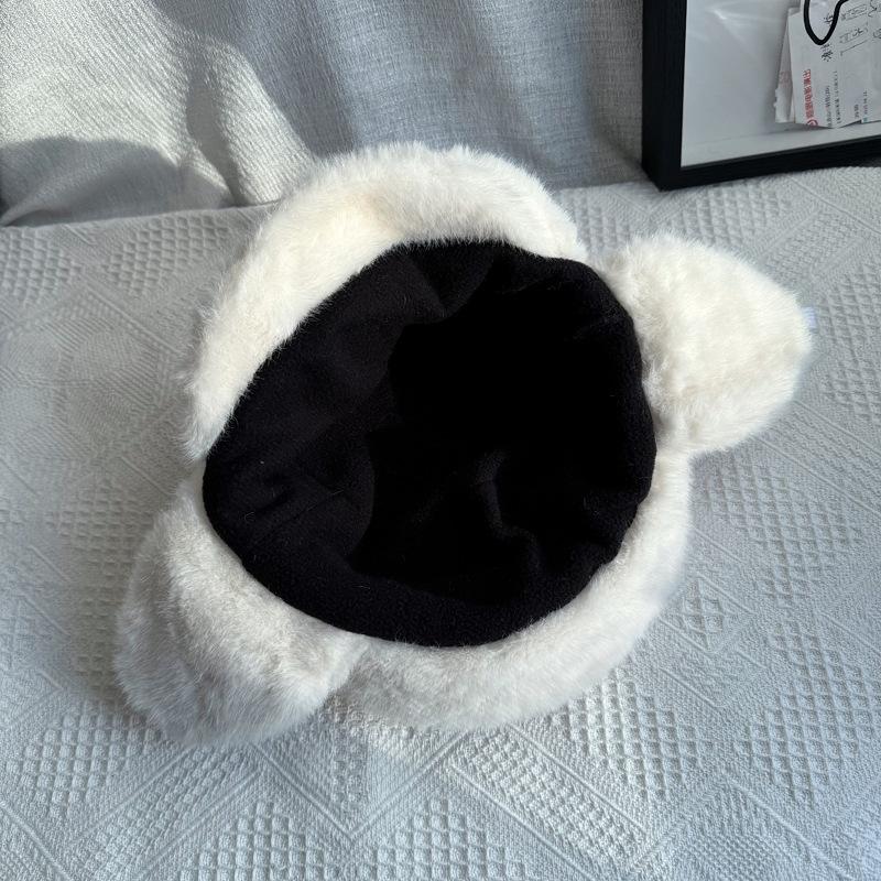 Women Winter Korean Version White Plush Ear Bucket Hat Cycling Cold-Proof Bomber Hat Keep Warm Plush Thickened Bucket Hat