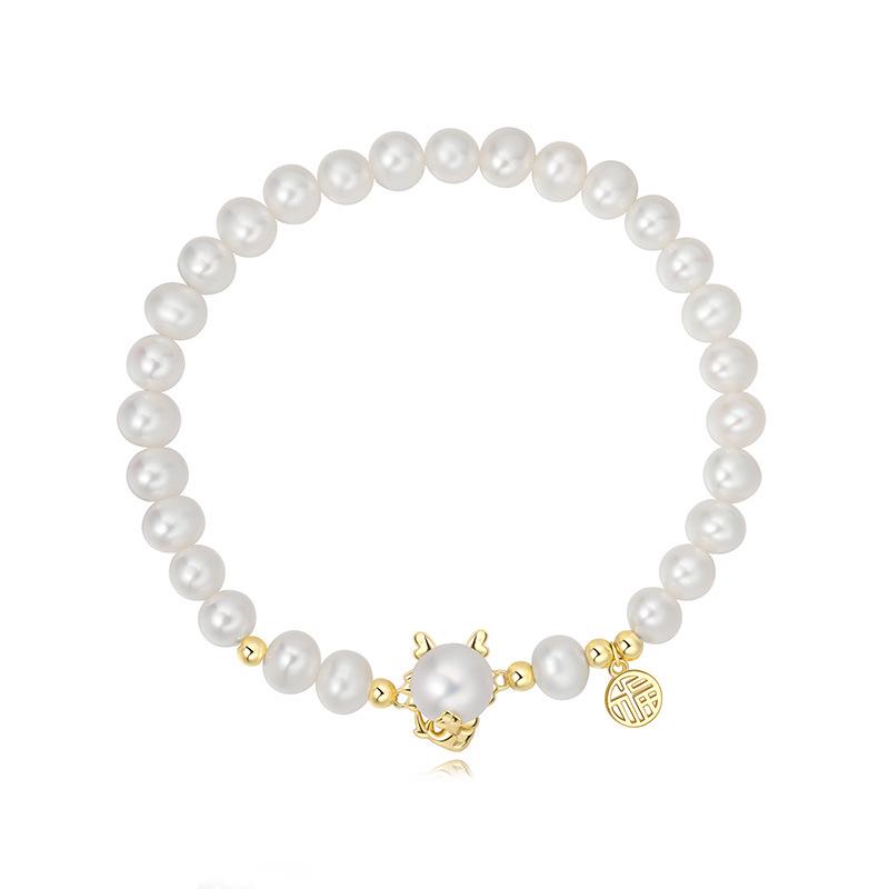 Women s Sterling Silver Dragon Blessing Bracelet with Fu Character & Freshwater Pearls 925 Sterling Silver