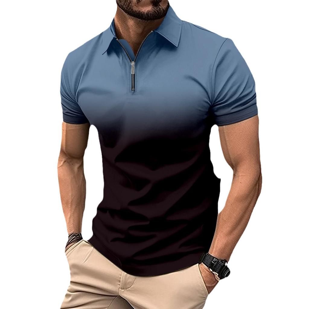 Trendy gradient short-sleeve zip polo, casual men's top.