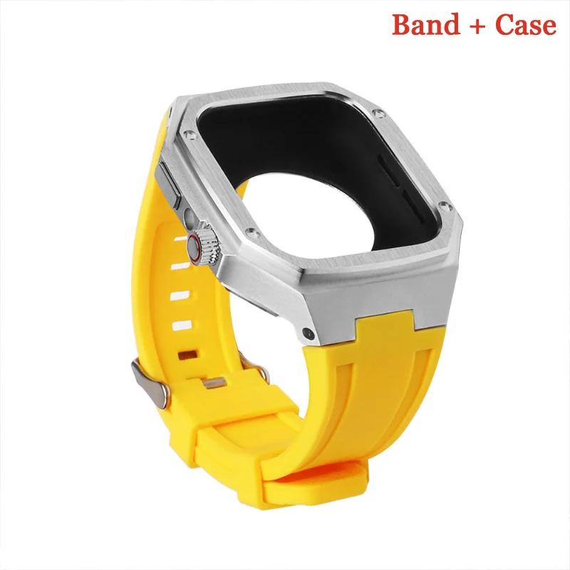 Luxury Modification Kit For Apple Watch 8 7 44mm 45mm 40mm 41mm Stainless Steel Case Rubber Sports Strap For IWatch Series 6 5 4