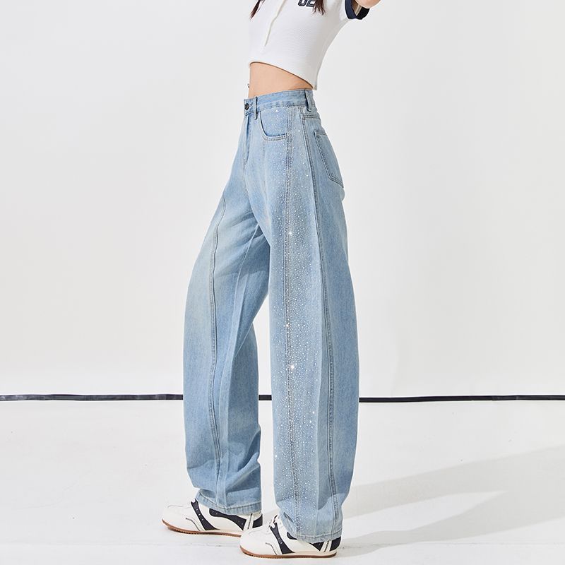 Spring Summer Fashion Full Star Rhinestone High Waist Relaxed Drape Floor Saber Cut Denim Pants For Women Casual Pants Oversize Denim Trousers