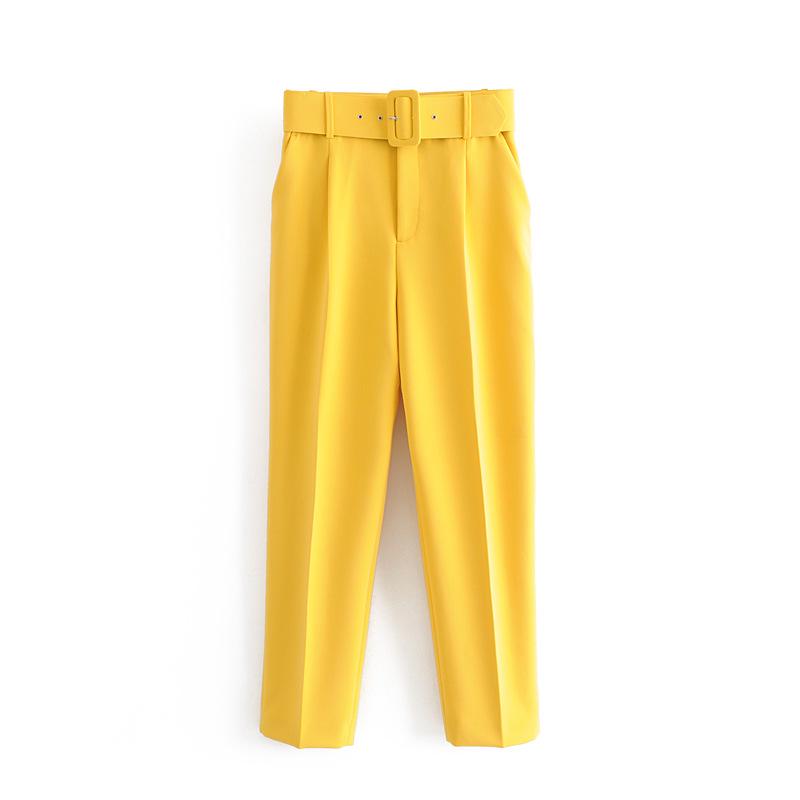 European Style Women's Slim-Fit High-Waisted Yellow Cropped Pants with Waist Belt - Model A8GS317