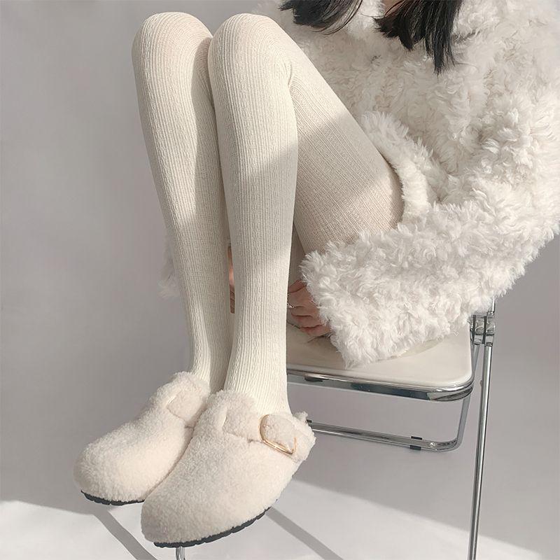 Girls' Retro Cable Knit Gray Tights - Thickened Autumn/Winter JK Style Socks with White Base Layer.