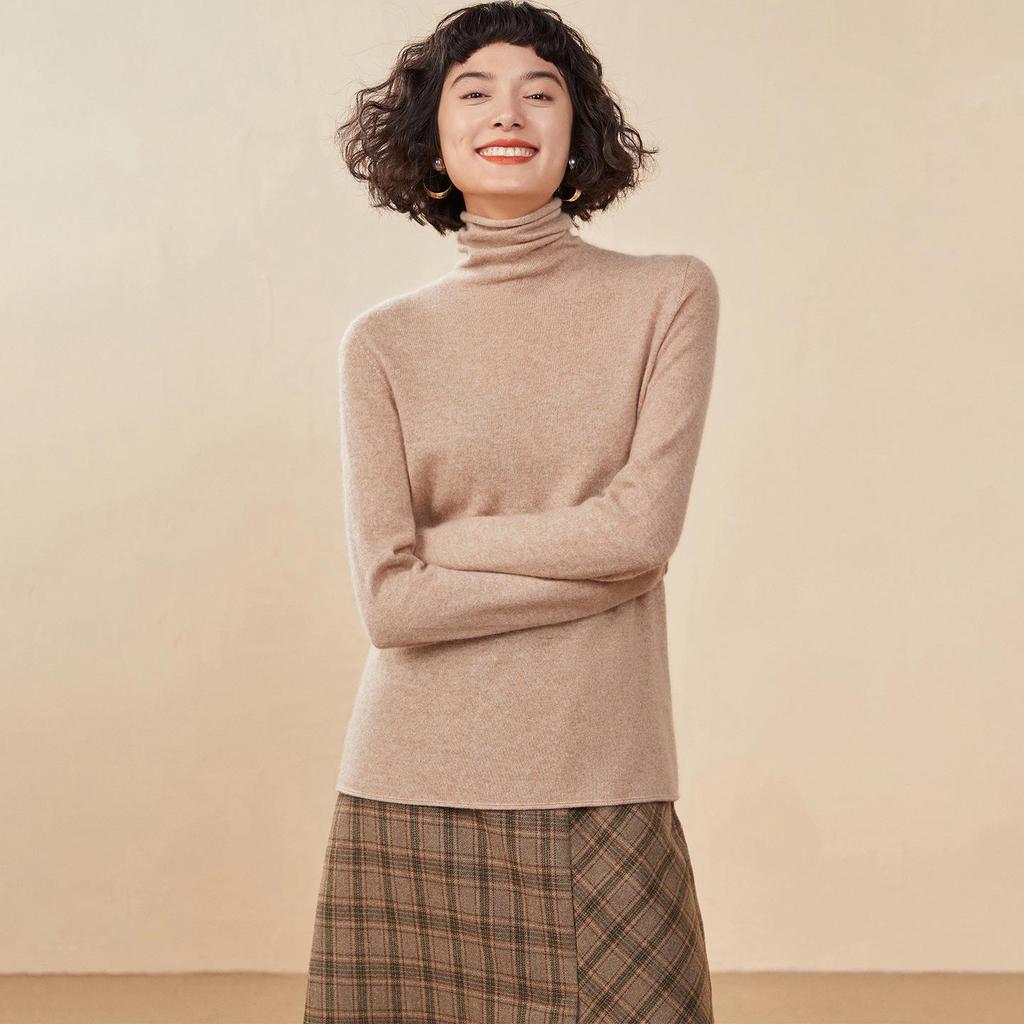 Women's Solid Color Cashmere High Neck Sweater - Loose Knit, Seamless Wool Base Layer