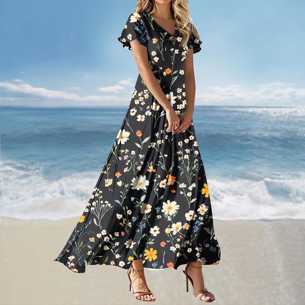 Vestido Feminino Casual Soltinho de Manga Curta com Decote V e Cintura Alta Estampado