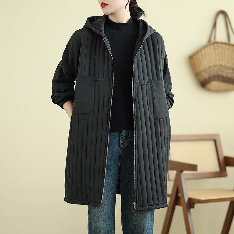 Winter Plus Size Hooded Mid-length Cotton-padded Jacket, Fashion Cotton-padded Jacket, Loose Western Style, All-match Ladies