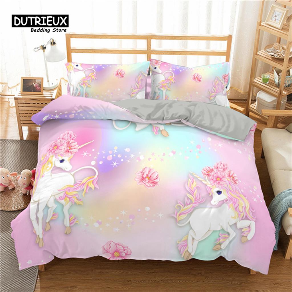 Girls Unicorn Flower Duvet Cover Cartoon Bedding Set Microfiber 3D Print Comforter Cover King Full For Kids Teen Bedroom Decor