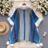 Chic Ethnic Style Color Collision Shawl Sweater Jacket Women Patchwork Soft Warm Hairball Cape Cloak  Knitted Cardigan