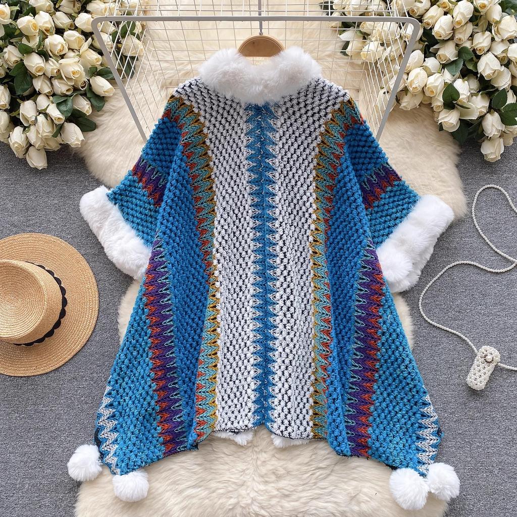 Chic Ethnic Style Color Collision Shawl Sweater Jacket Women Patchwork Soft Warm Hairball Cape Cloak  Knitted Cardigan