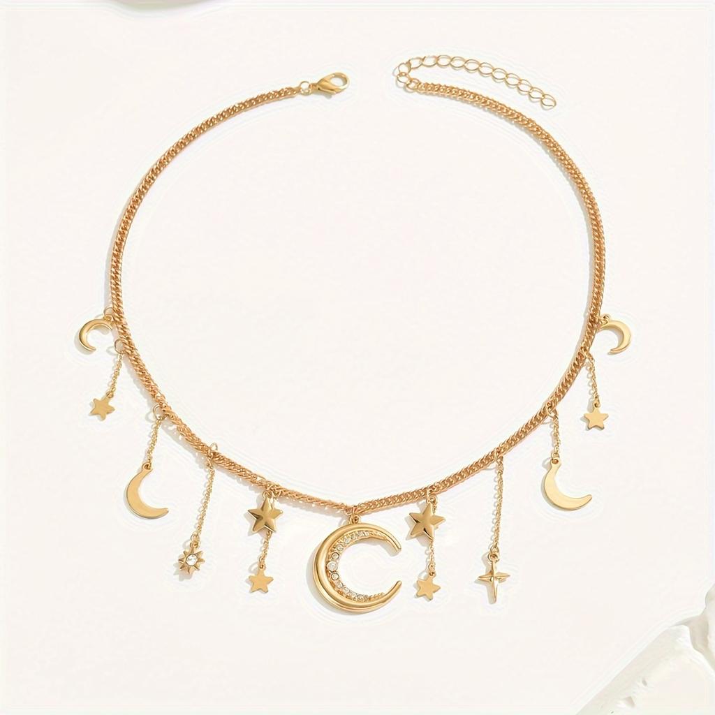 Rhinestone Middle Eastern Women's Vintage Necklace Star and Moon Short Tassel Collarbone Chain, 1pc of New Versatile