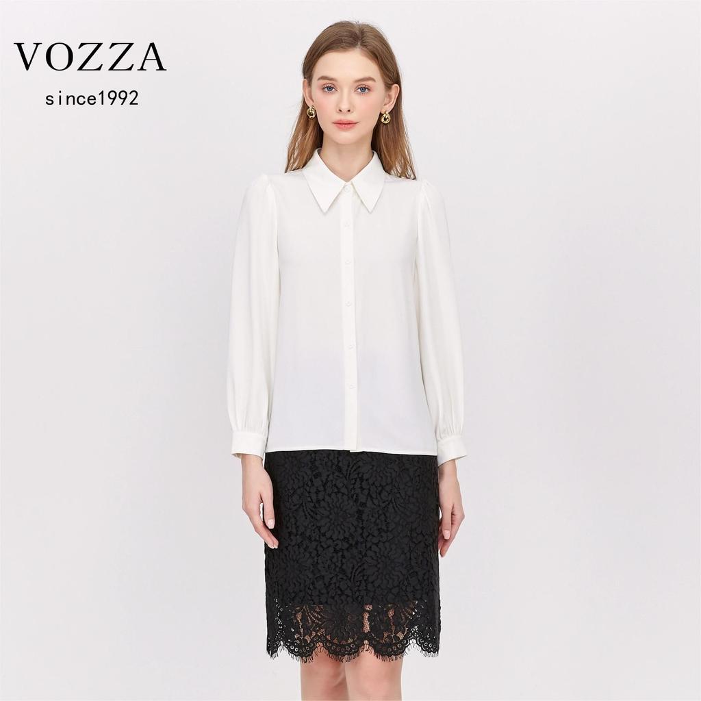 VOZZA Chiffon Blouse with Detachable Ribbon Solid Suitable for Job Entrance Shirt Women's Tie, No-Iron, Color, Office, Hunting, Recruitment, Ceremony,