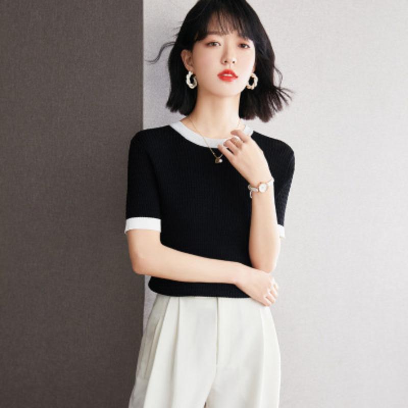 

Женская футболка с короткими рукавами Xiaoxiangfeng, контрастный топ 2XL чёрный