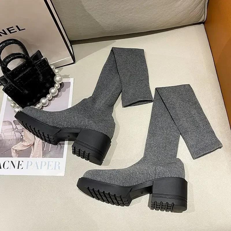 Fashion High Heels Long Boots for Women Elegant Heeled Round Toe Knee Shaft Shoes Woman Sock Gyaru Fashion 2024 Trend Winter Novelty Y2k