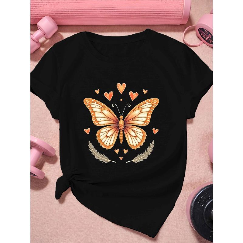 Women's Plus Size Butterfly Print Sports T-Shirt - Short Sleeve Round Neck Casual Athletic Top with Short Sleeves, Breathable for Gym